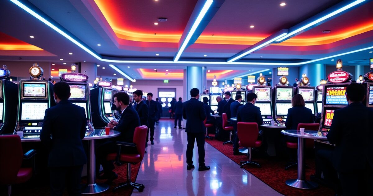 Lueur Néon et Vignettes : Plongée au Cœur d'un Lobby de Casino Moderne