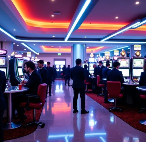 Lueur Néon et Vignettes : Plongée au Cœur d'un Lobby de Casino Moderne