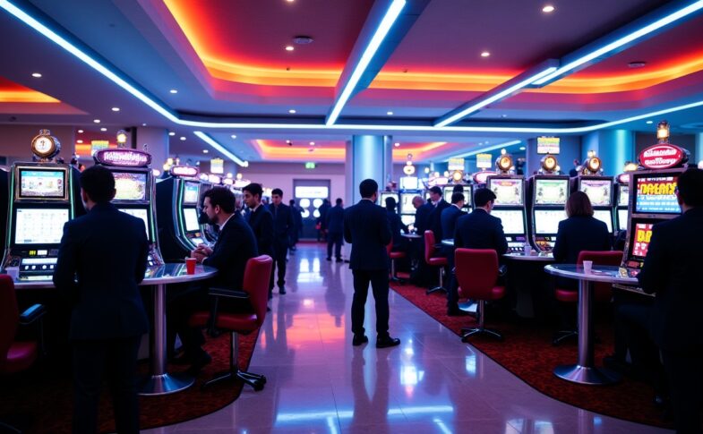 Lueur Néon et Vignettes : Plongée au Cœur d'un Lobby de Casino Moderne