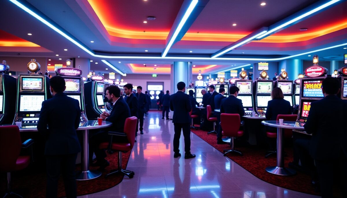 Lueur Néon et Vignettes : Plongée au Cœur d'un Lobby de Casino Moderne